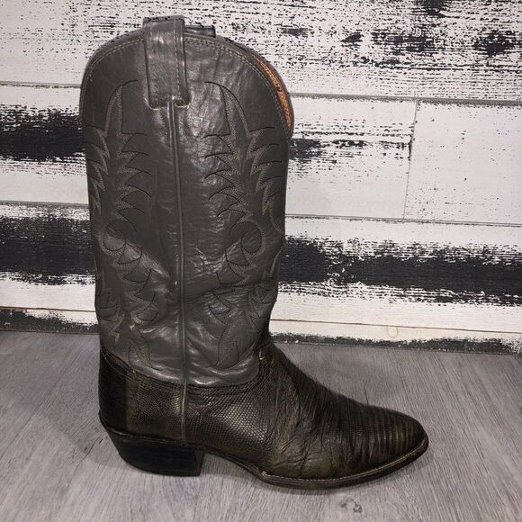 Nocona Dark Green Lizard Skin Gray Leather Cowboy Boots Size 8.5 D Style 32170